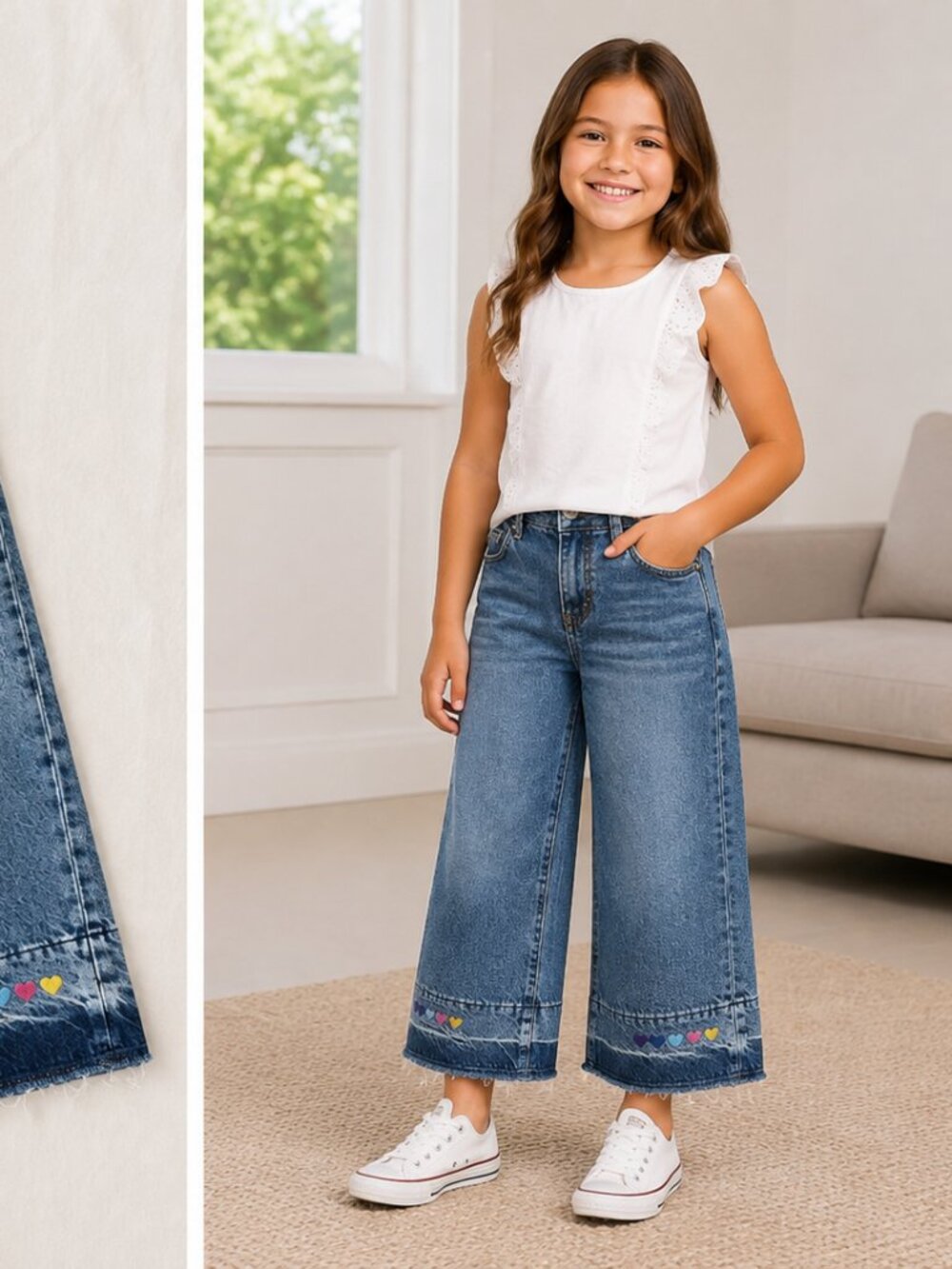 Gap Kids Girls High Stride Wide Leg Ankle Jeans Size 10 Slim Rainbow Heart Hem L